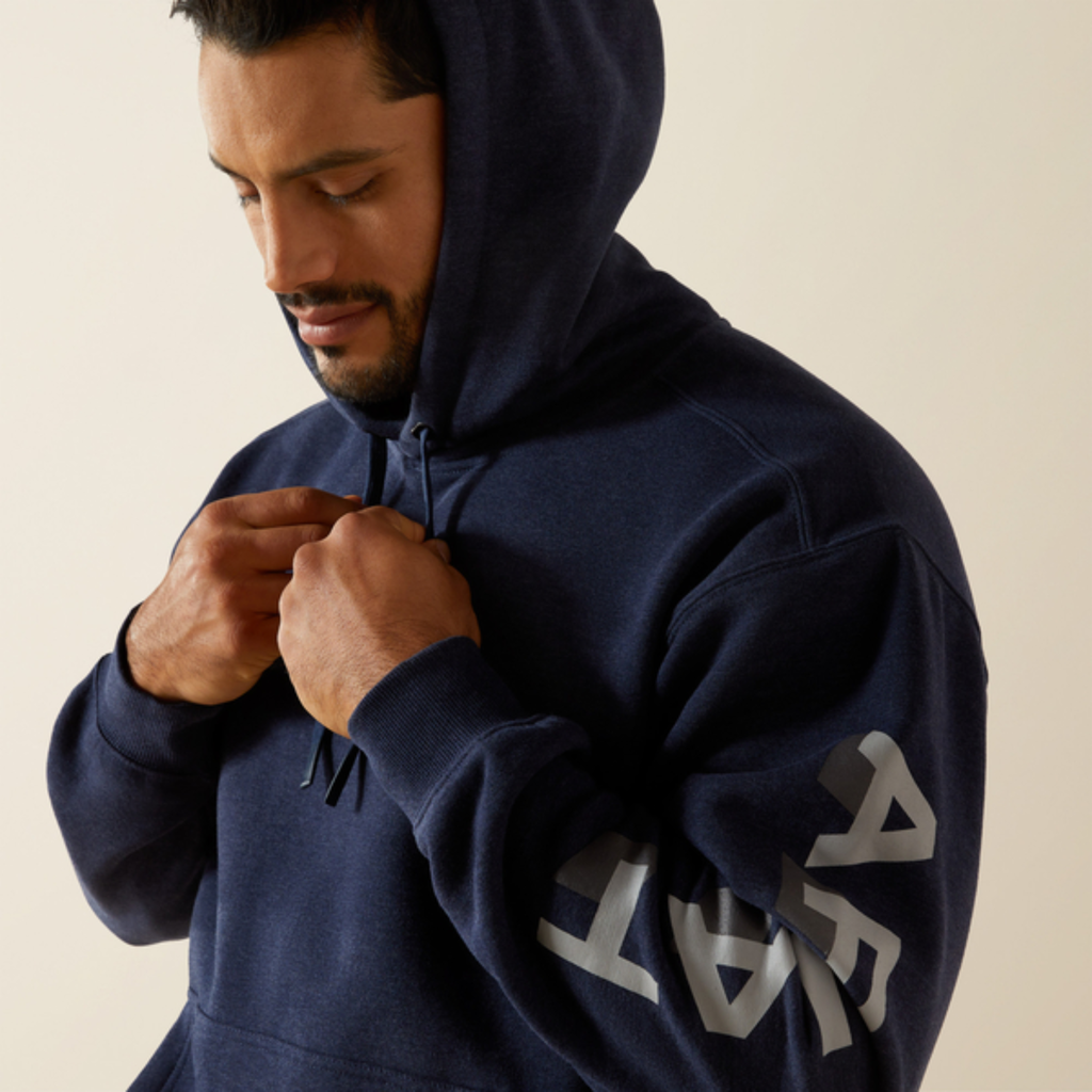 Ariat Mens Rebar Lightweight Logo Hoodie - Navy Heather/Alloy