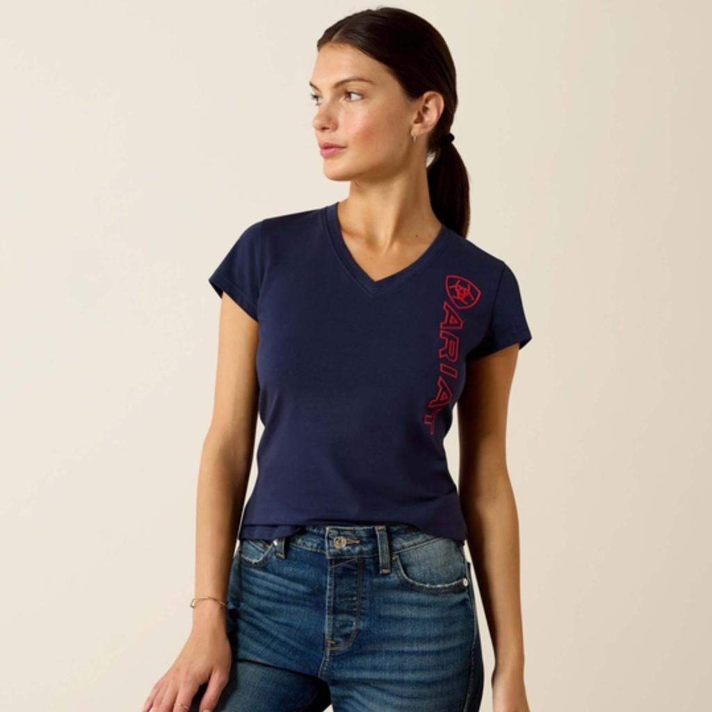 Ariat Ladies Vertical Logo Tee - Team Navy/Red