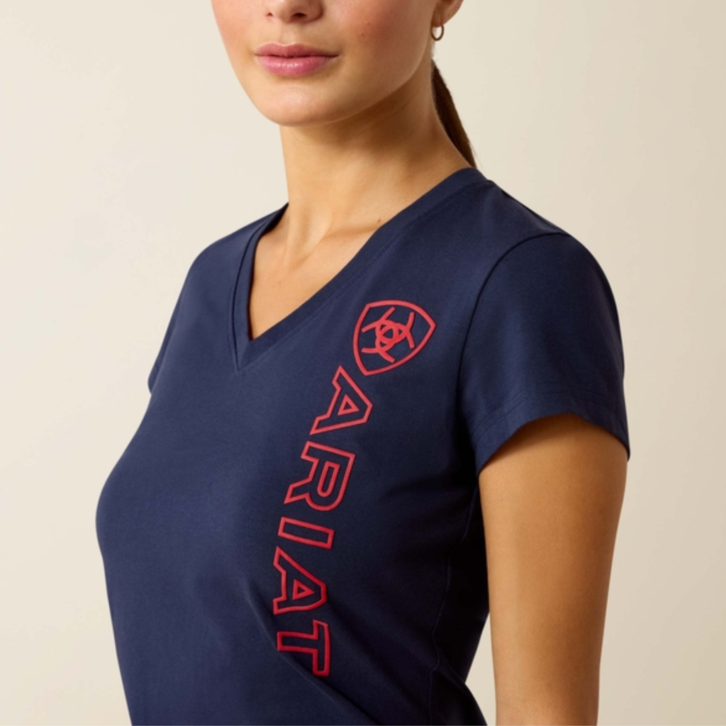 Ariat Ladies Vertical Logo Tee - Team Navy/Red