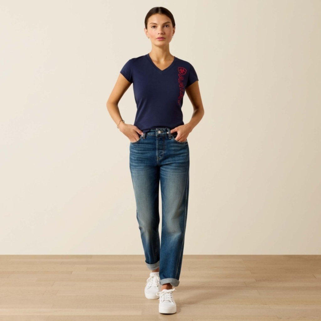 Ariat Ladies Vertical Logo Tee - Team Navy/Red