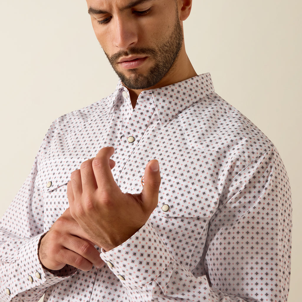Ariat Mens Tony Fitted Snap Shirt - White Geo Print