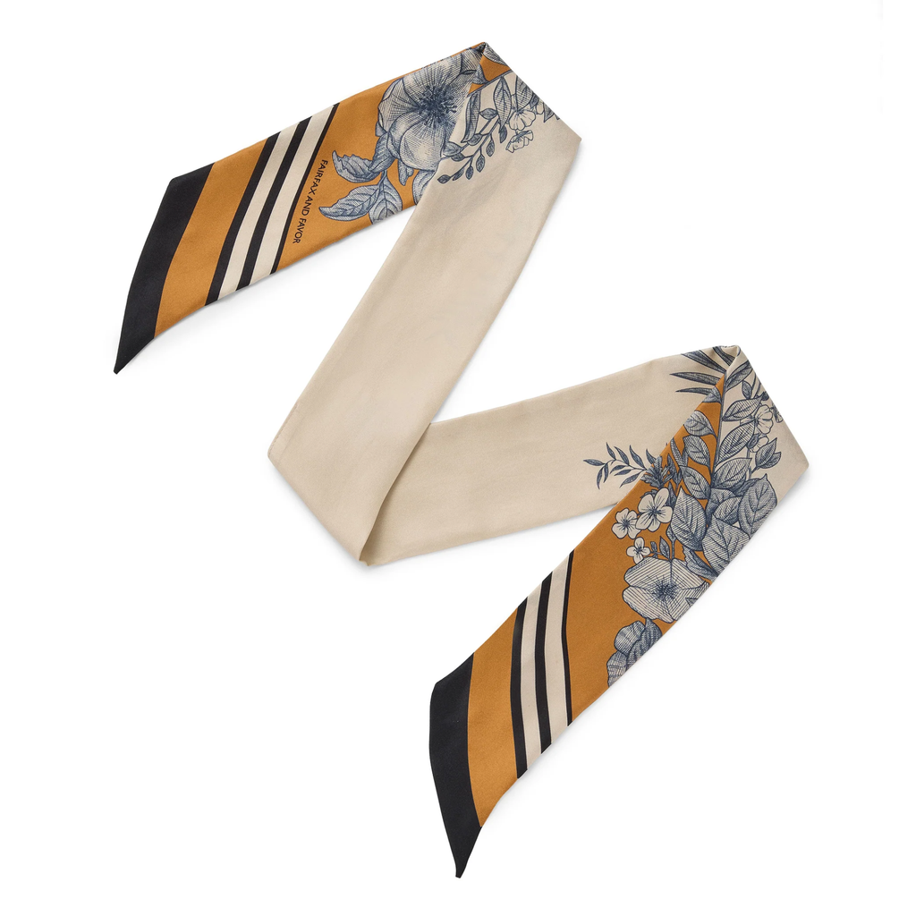 Fairfax and Favor Mannington Twill Silk Scarf  - Off White/Navy/Orange