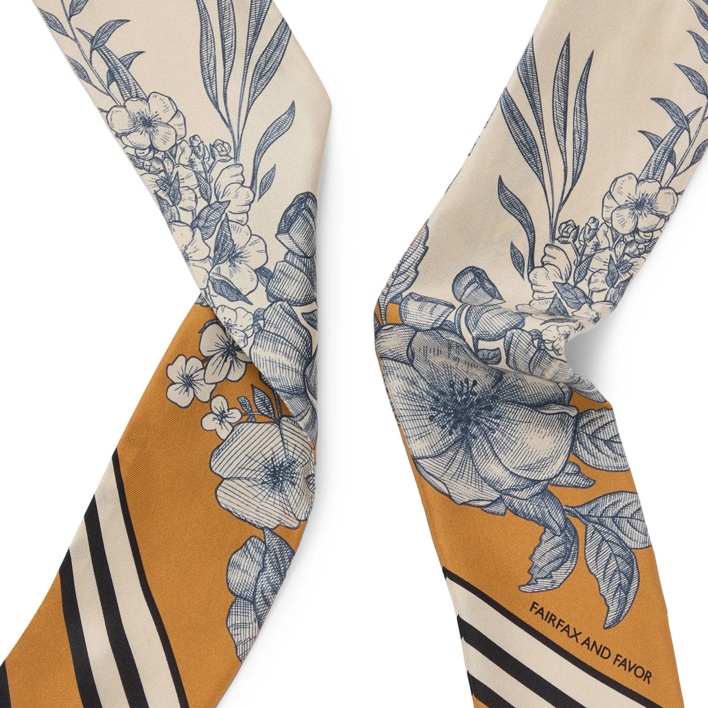 Fairfax and Favor Mannington Twill Silk Scarf  - Off White/Navy/Orange