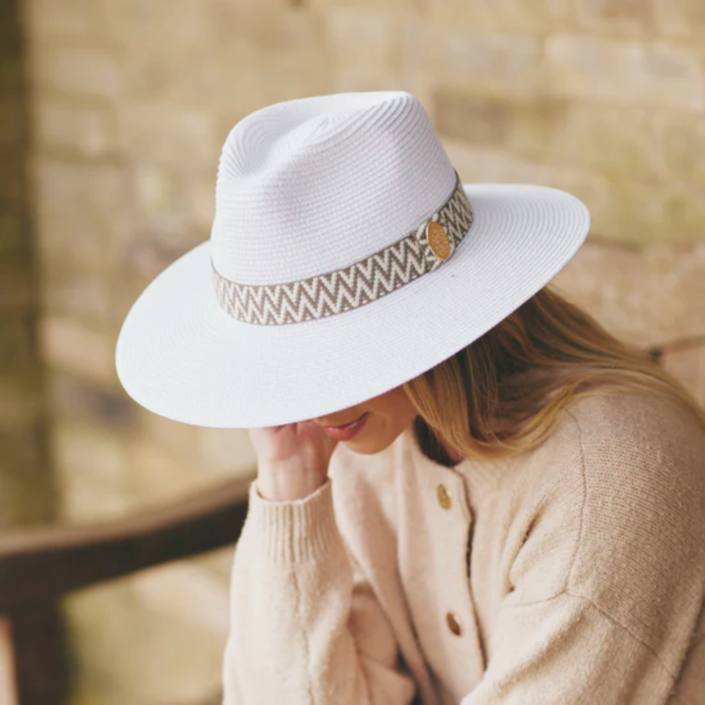 Hicks and Brown The Hemley Fedora Khaki Aztec Ribbon - White