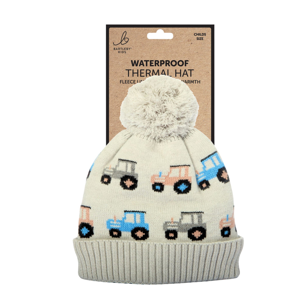 Bartleby Kids Waterproof Bobble Hat - Knitted Tractor
