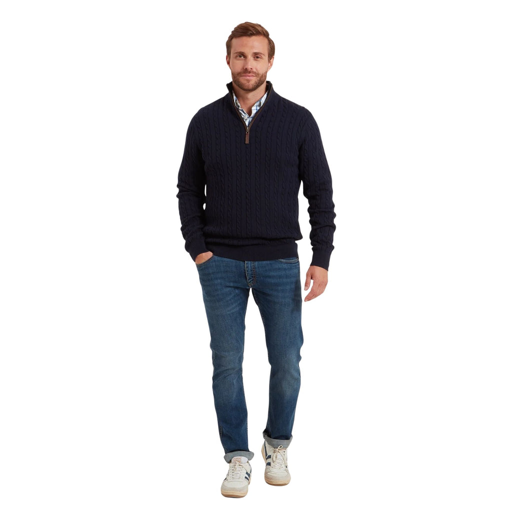 Schoffel Mens Calton Cotton Cashmere Cable 1/4 Zip Jumper - Navy