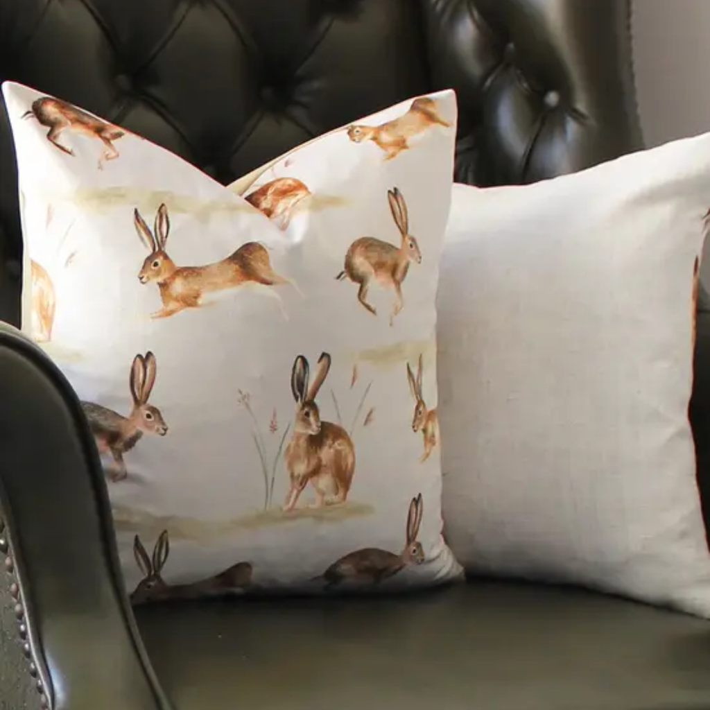 Evans Lichfield Country Running Hares Cushion - Taupe