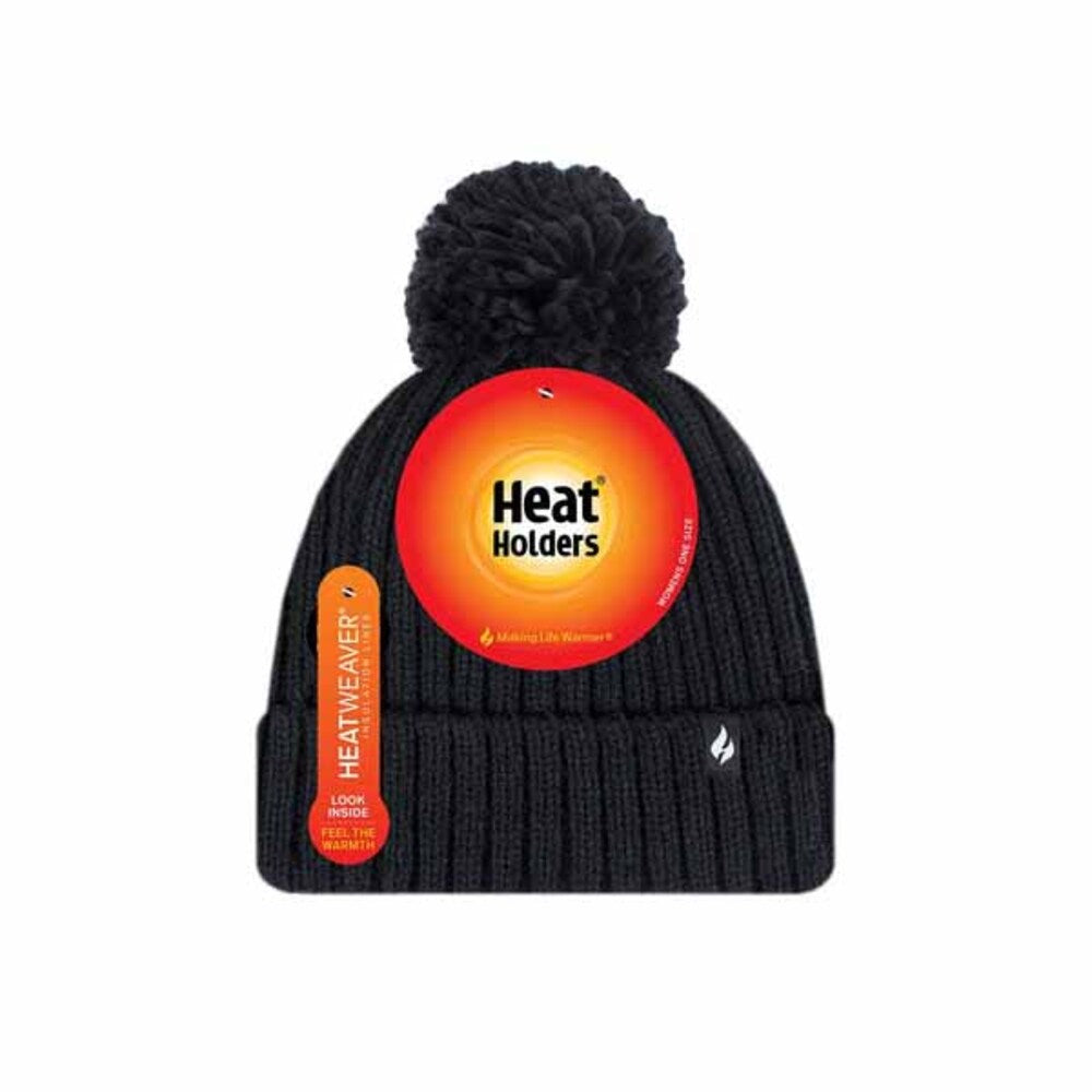 Ladies Heat Holders Arden Ribbed Pom Hat Black