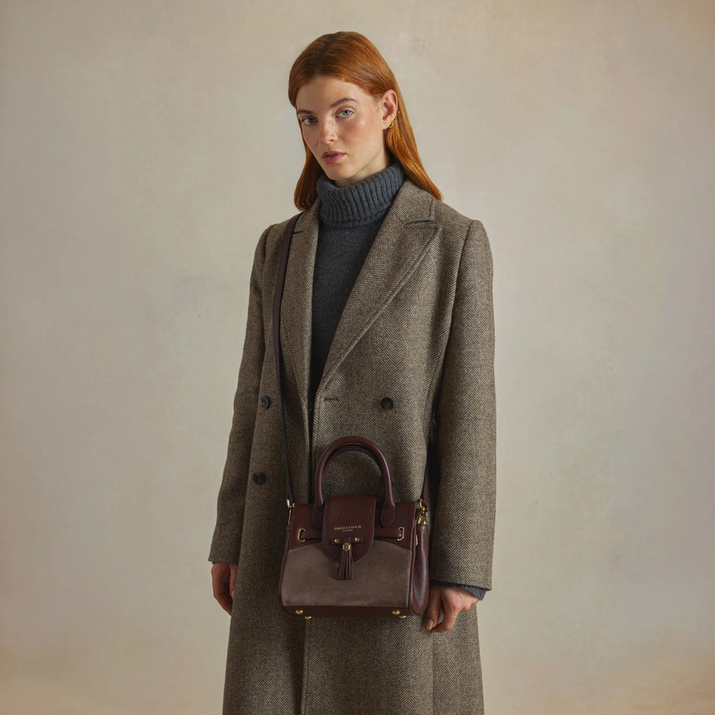 Fairfax & Favor Stockist Exclusive Mini Windsor Handbag - Port and Deep Taupe Suede