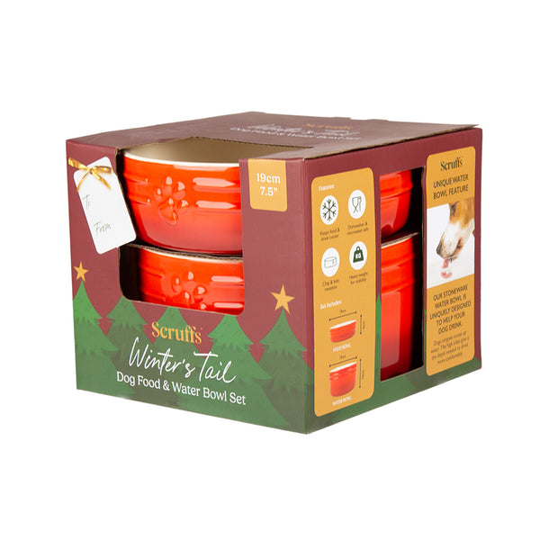 Scruffs Winters Tail Food & Drink Bowl Gift Set - Red