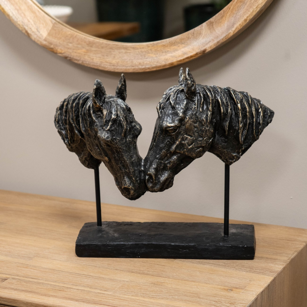 Nuzzling Bay Horse Heads Sculpture