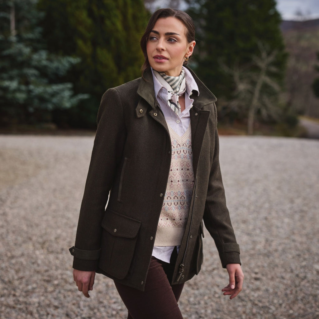 Schoffel Ladies Murra Tweed Coat - Dark Loden Herringbone Tweed