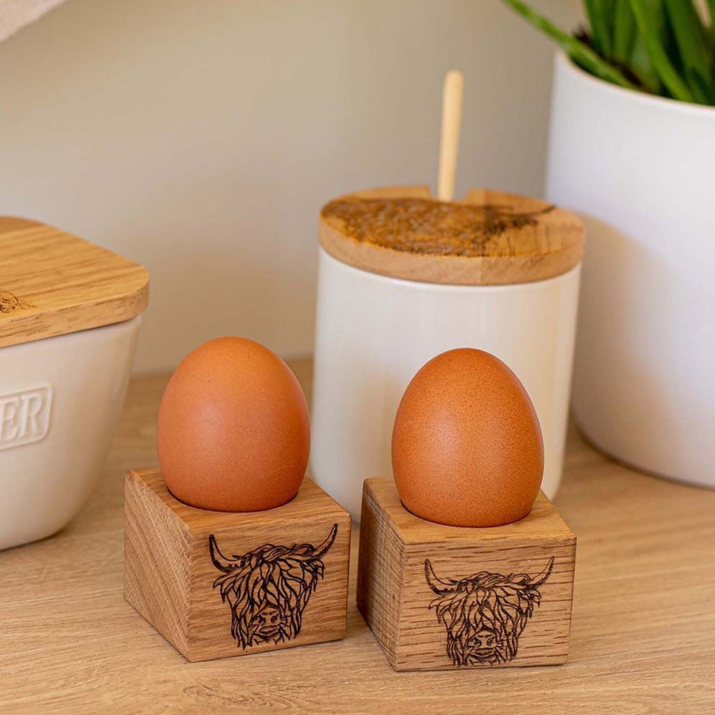 Selbrae House Highland Cow Oak Egg Holders