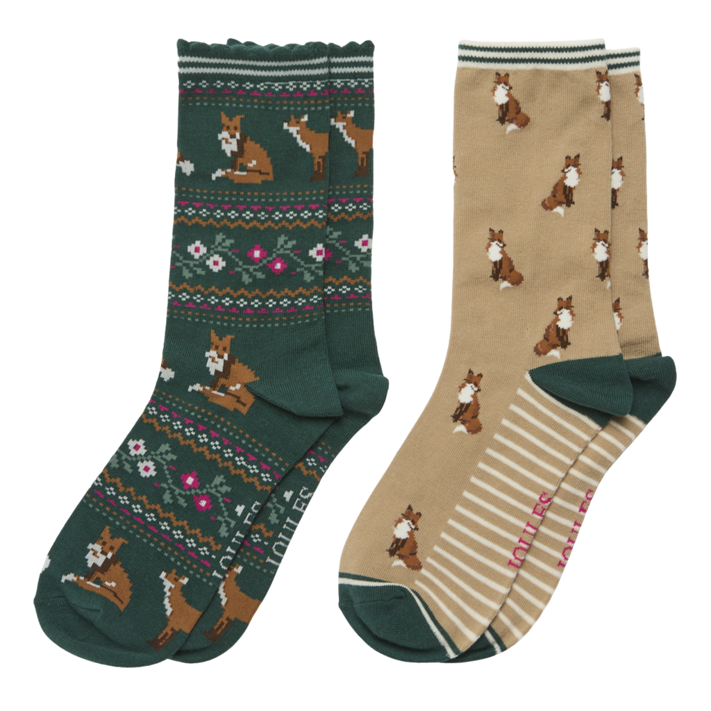 Joules Ladies Everyday Socks - Neutral Green Fox