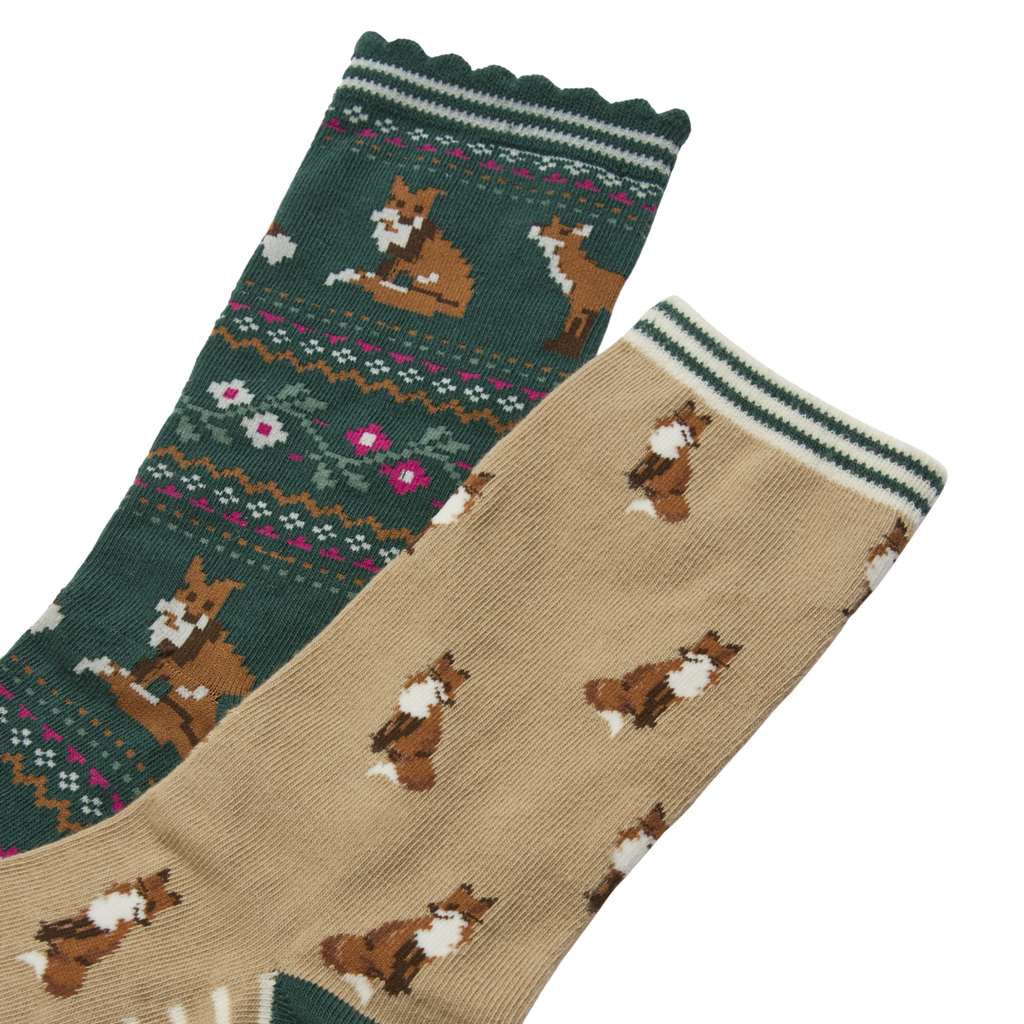 Joules Ladies Everyday Socks - Neutral Green Fox