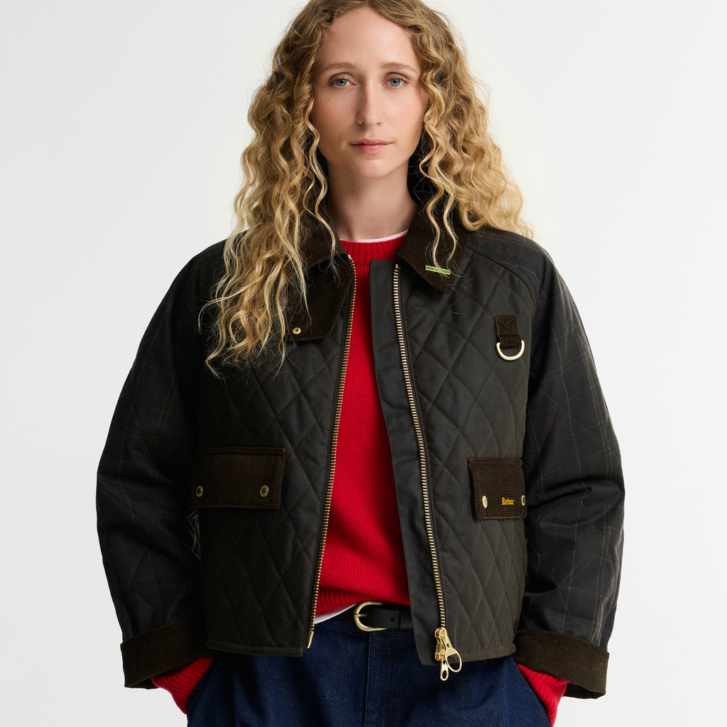 Barbour Ladies Reimagined Icons Tartan Quilted Spey Wax Jacket - Olive
