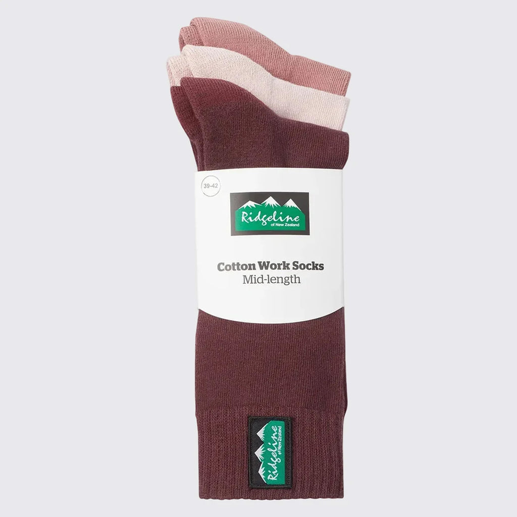 Ridgeline Cotton Work Socks Mid Length 3 pairs - Oxblood