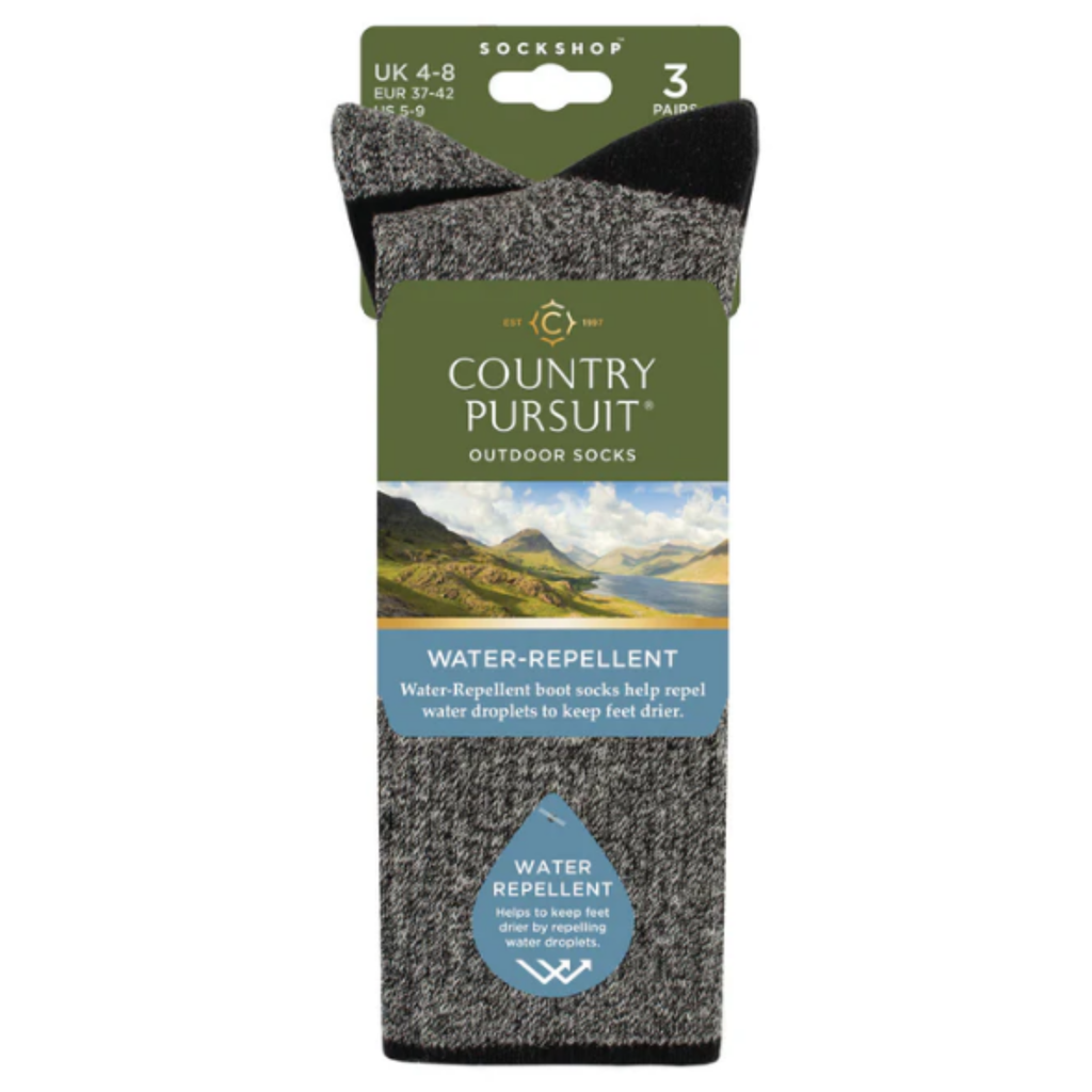 Country Pursuits Ladies Water Repellent Crew Socks - Black/Grey