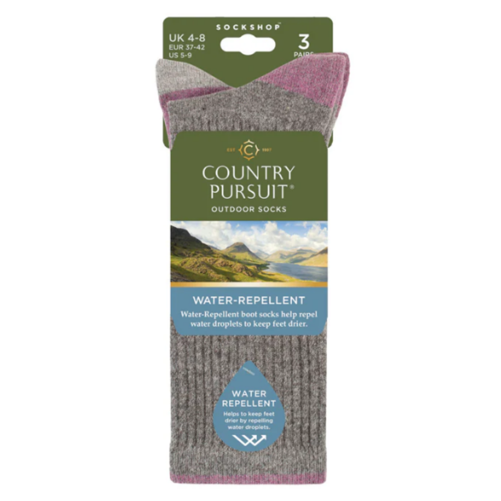 Country Pursuits Ladies Water Repellent Crew Socks - Grey/Pink