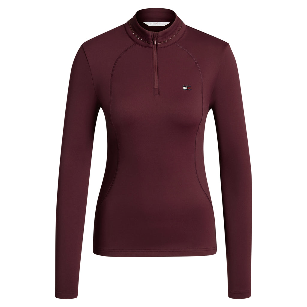 Tommy Hilfiger Ladies Cady 1/4 Zip Rhinestone Training Top - Deep Burgundy