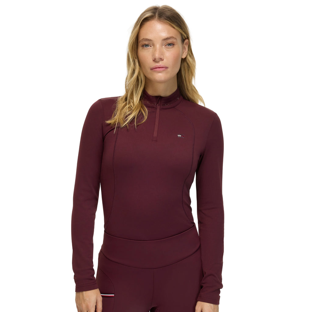 Tommy Hilfiger Ladies Cady 1/4 Zip Rhinestone Training Top - Deep Burgundy