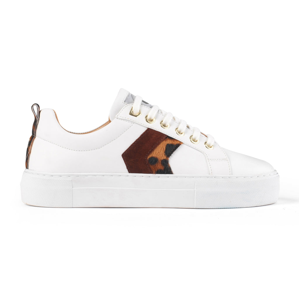 Fairfax & Favor Ladies Platform Alexandra Trainer - White Leather with Leopard/Port