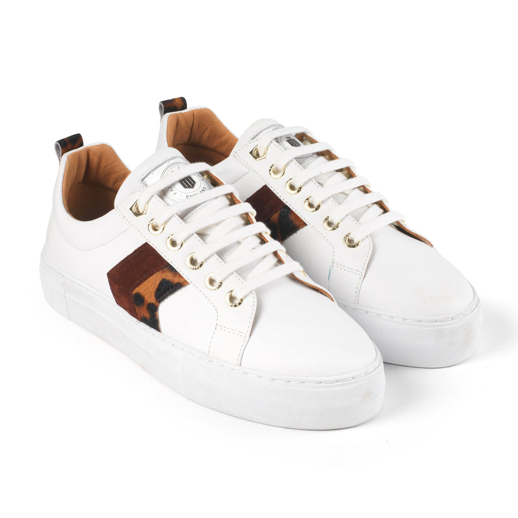 Fairfax & Favor Ladies Platform Alexandra Trainer - White Leather with Leopard/Port