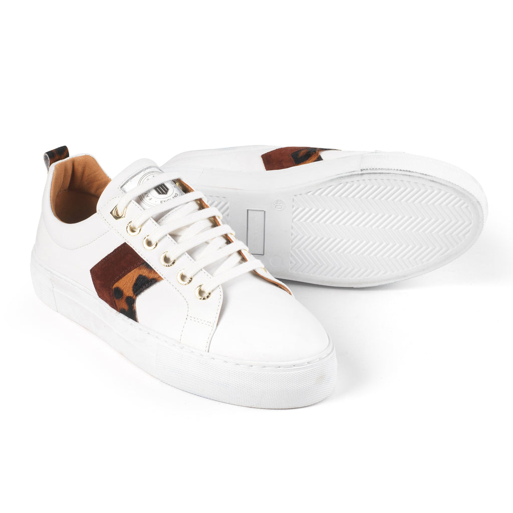 Fairfax & Favor Ladies Platform Alexandra Trainer - White Leather with Leopard/Port