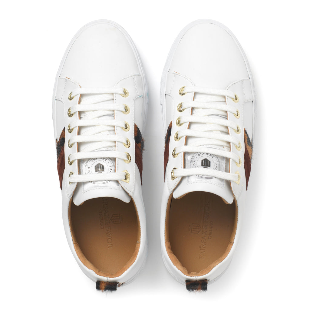 Fairfax & Favor Ladies Platform Alexandra Trainer - White Leather with Leopard/Port