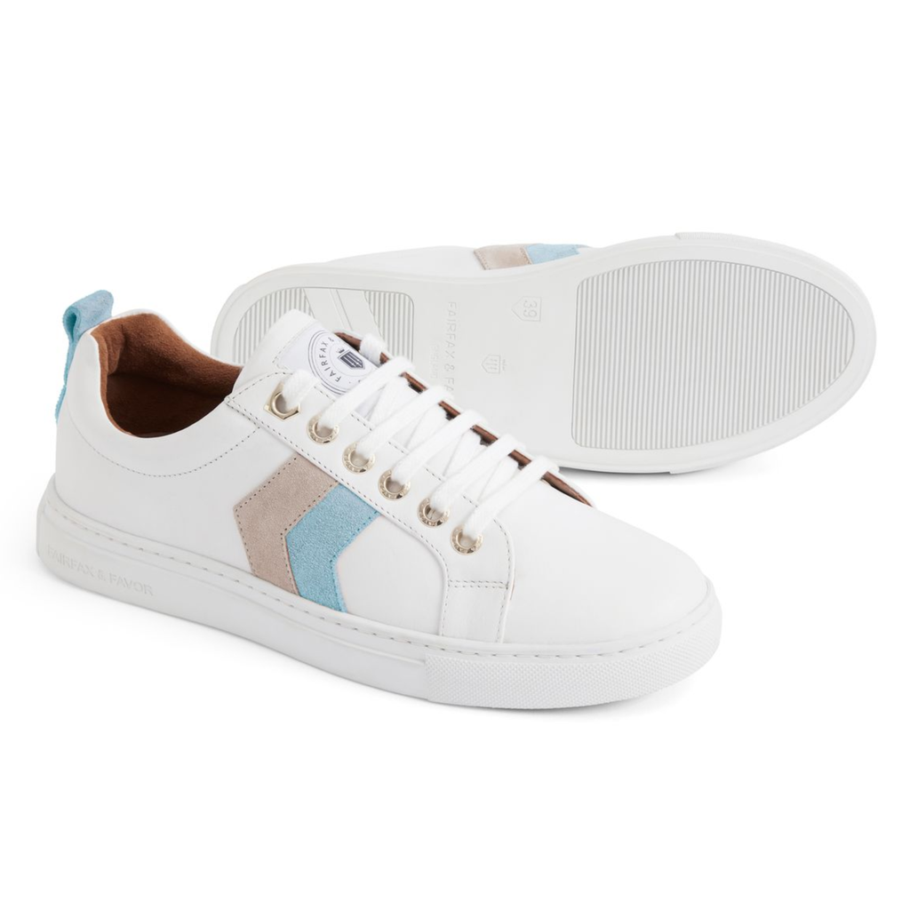 Fairfax and Favor Alexandra Trainer White Leather - Sky Blue/Stone