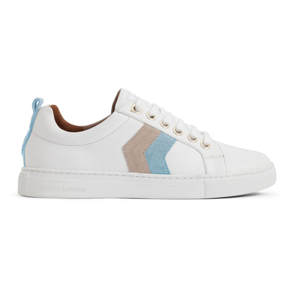 Fairfax and Favor Alexandra Trainer White Leather - Sky Blue/Stone