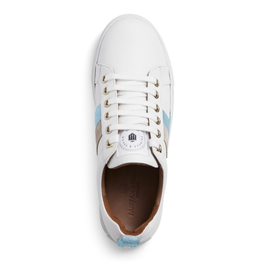 Fairfax and Favor Alexandra Trainer White Leather - Sky Blue/Stone