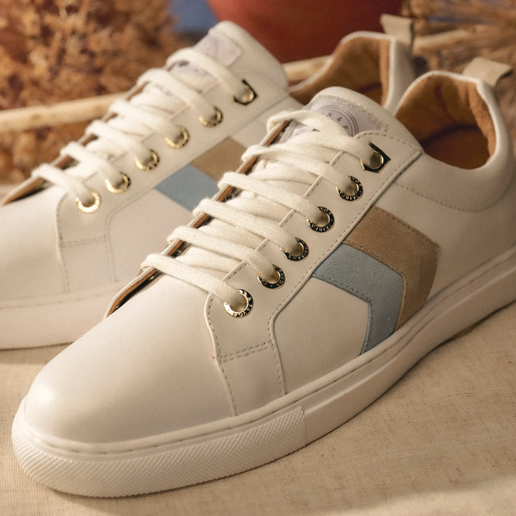 Fairfax and Favor Alexandra Trainer White Leather - Sky Blue/Stone