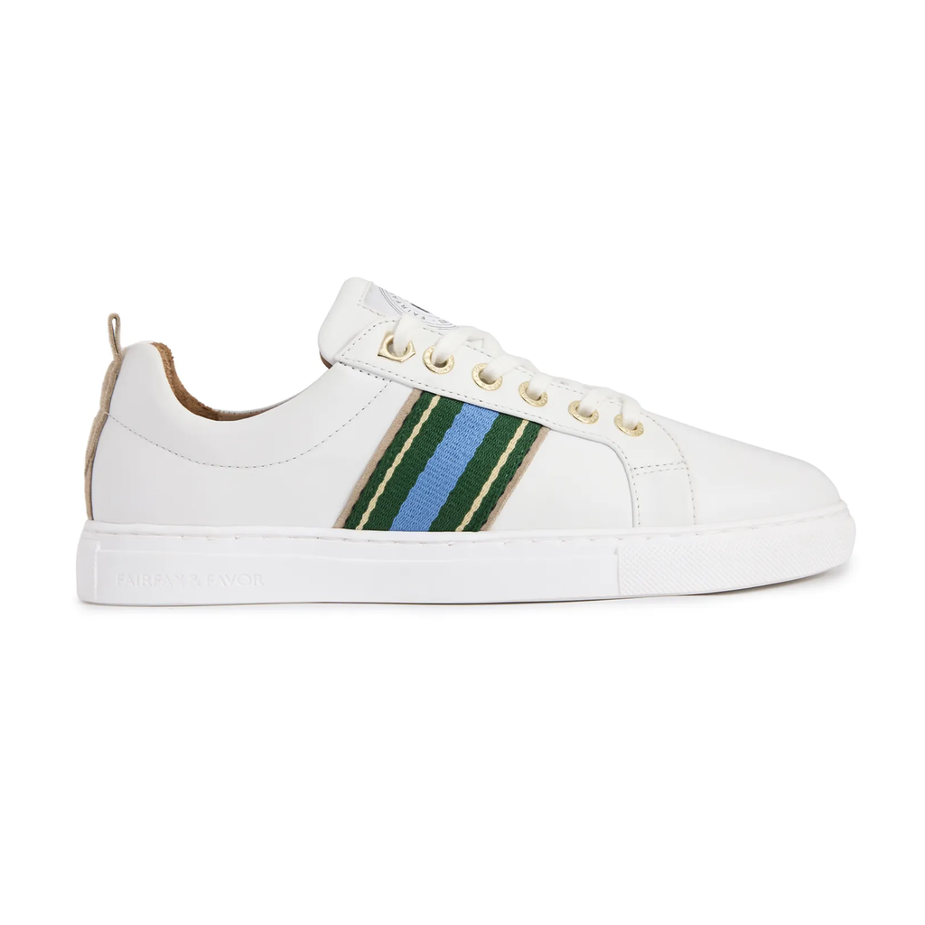 Fairfax and Favor Boston Trainer White Leather - Clover Green/Sky Blue
