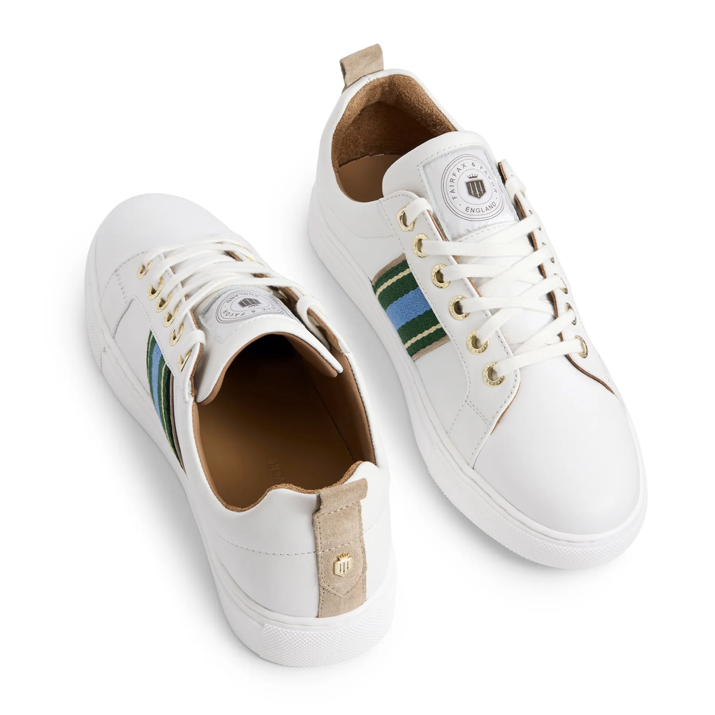 Fairfax and Favor Boston Trainer White Leather - Clover Green/Sky Blue