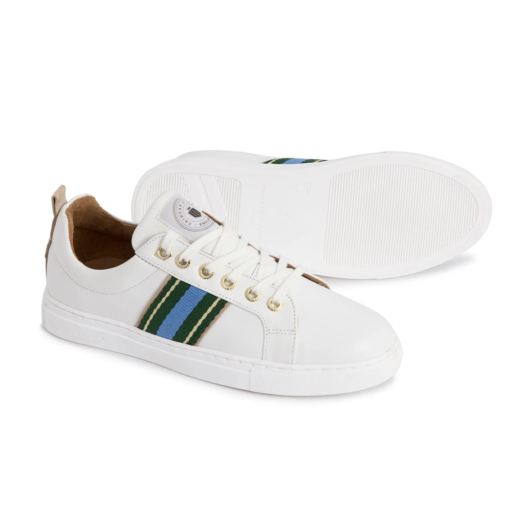 Fairfax and Favor Boston Trainer White Leather - Clover Green/Sky Blue