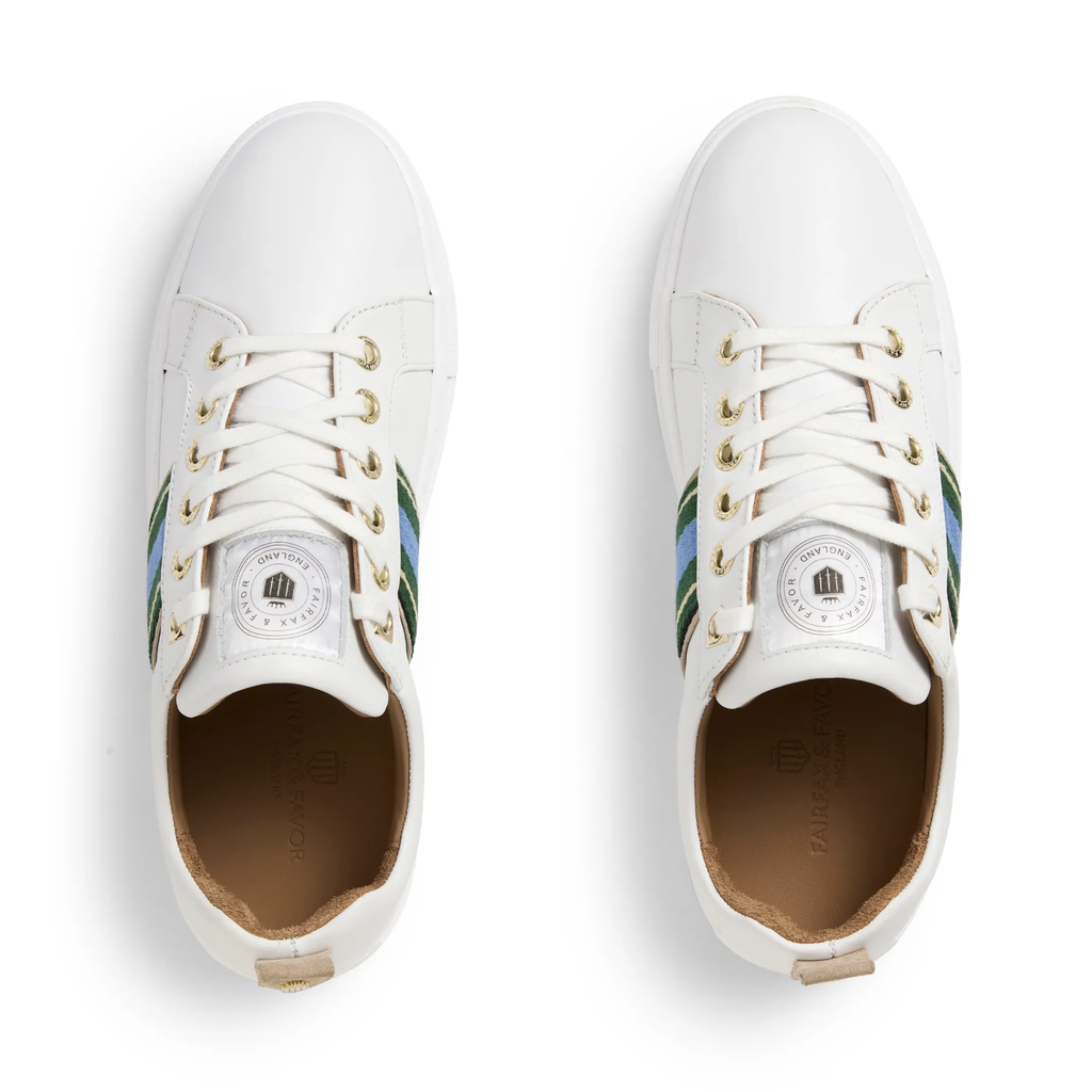 Fairfax and Favor Boston Trainer White Leather - Clover Green/Sky Blue