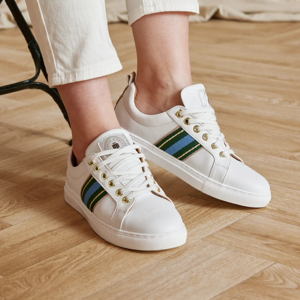 Fairfax and Favor Boston Trainer White Leather - Clover Green/Sky Blue