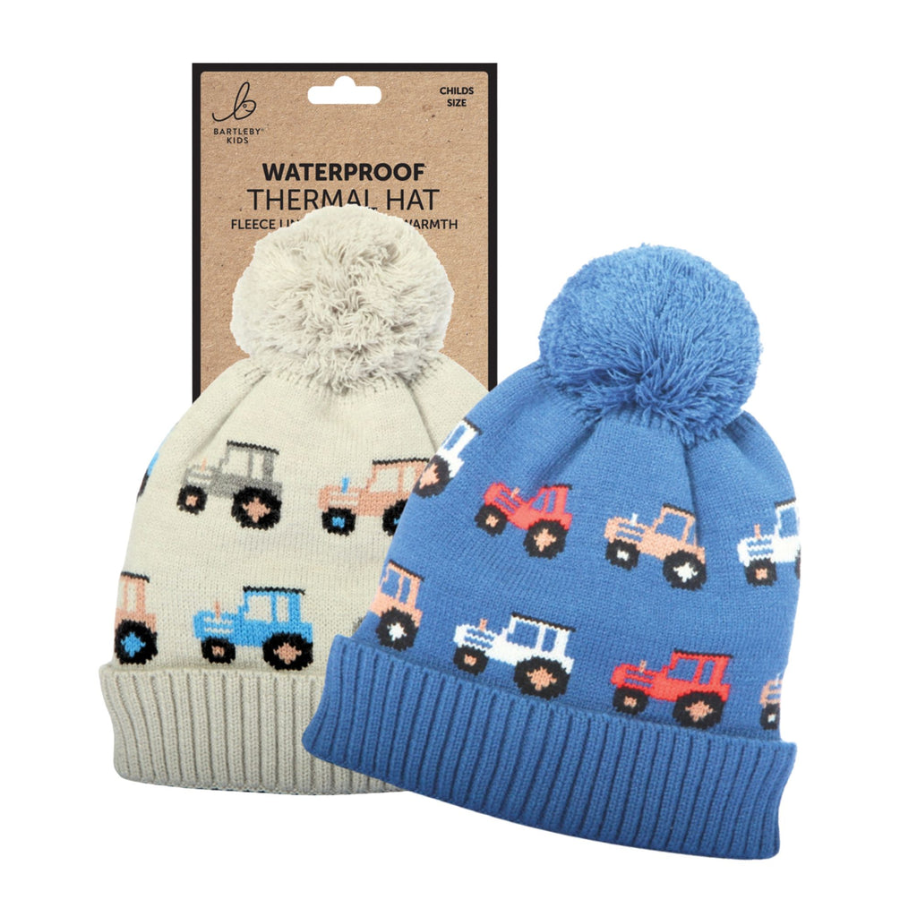 Bartleby Kids Waterproof Bobble Hat - Knitted Tractor