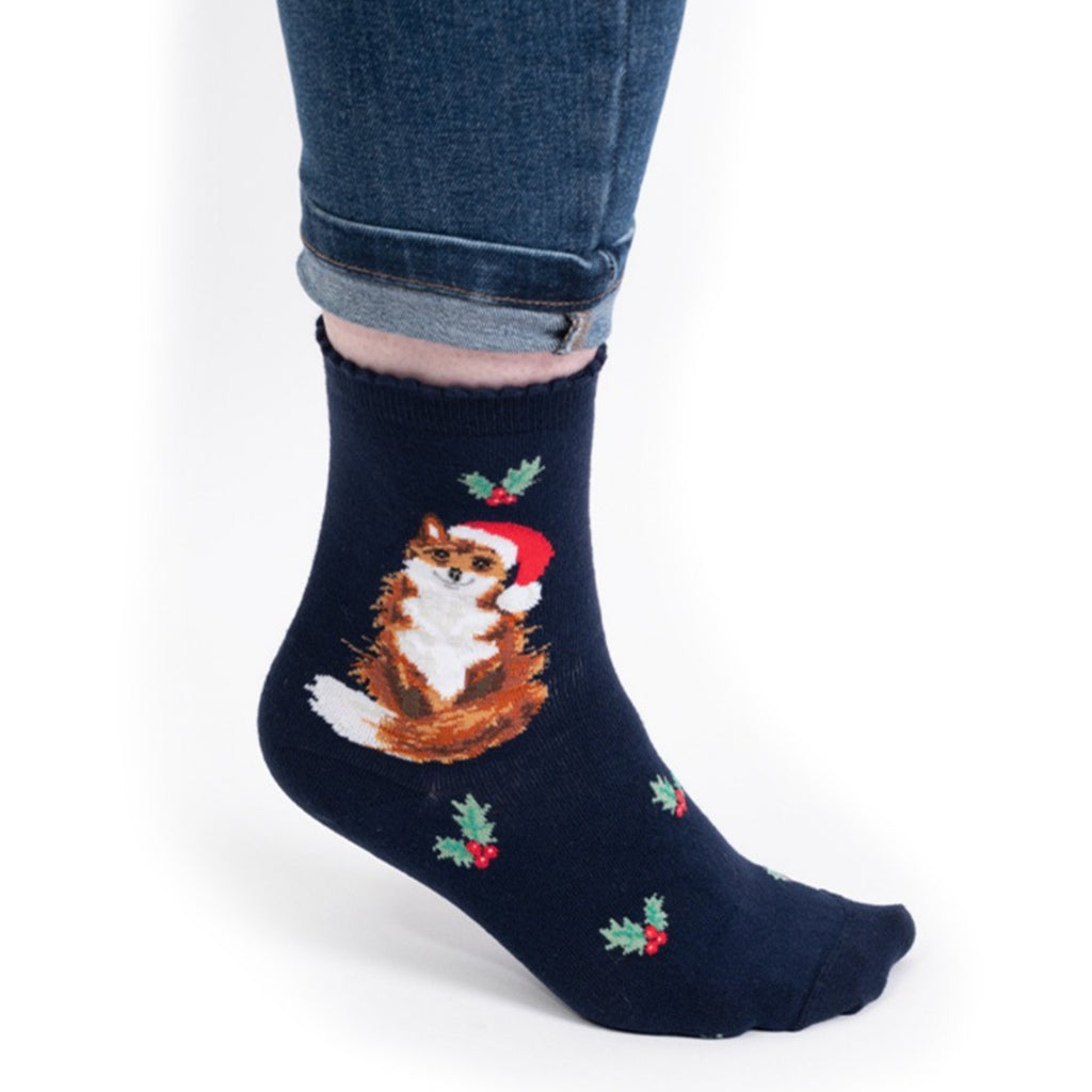 Wrendale Christmas Sock Festive Fox - Navy