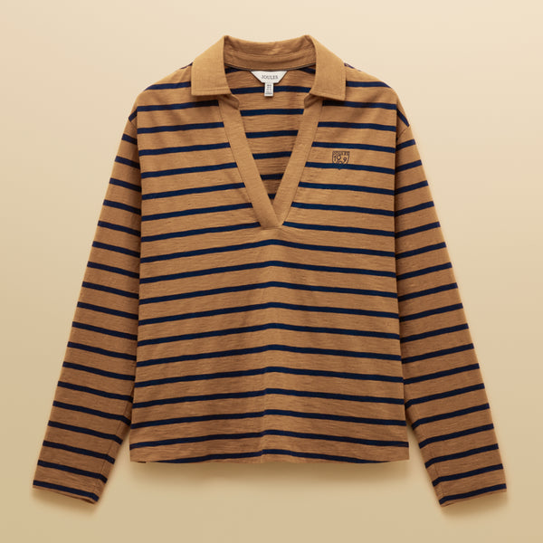 Joules Ladies Tallie Slub Long Sleeved Top - Tan/Navy