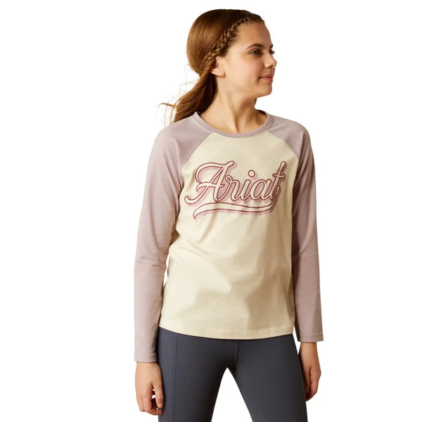 Ariat Youth Pony Script Baseball T-Shirt - Natural / Purple Dove Heather
