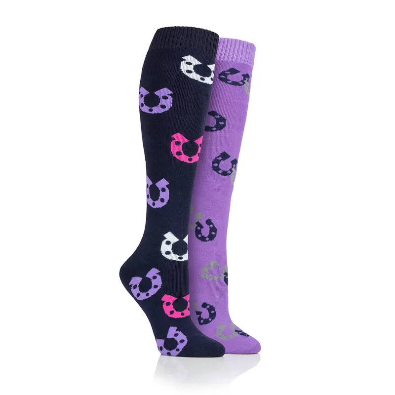 Ladies Horse Shoe 2 Pairs Of Long Equine Socks - Navy/Lilac