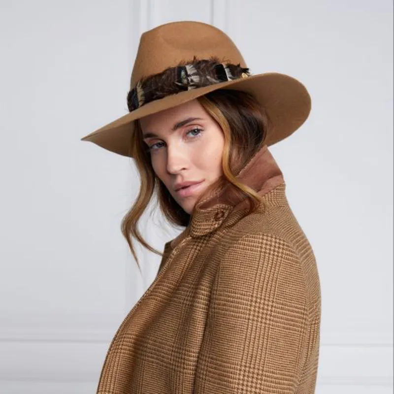 Holland Cooper Trilby Hat Iridescent Feather Band - Camel-5