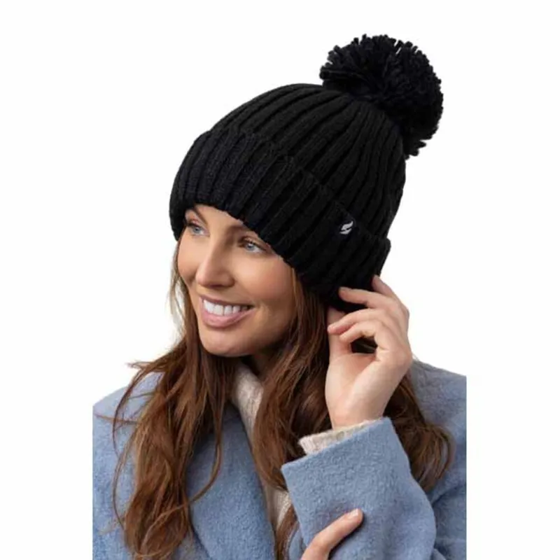 Ladies Heat Holders Arden Ribbed Pom Hat Black-1