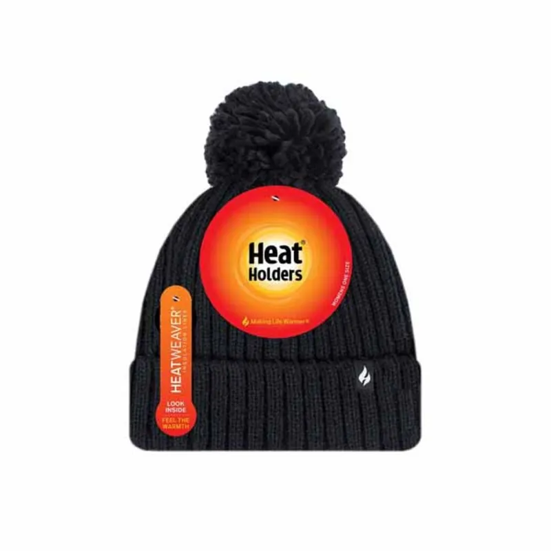 Ladies Heat Holders Arden Ribbed Pom Hat Black-2