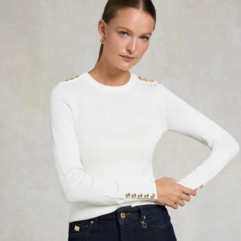 Holland Cooper Ladies Buttoned Knit Crew Neck - Cream-3