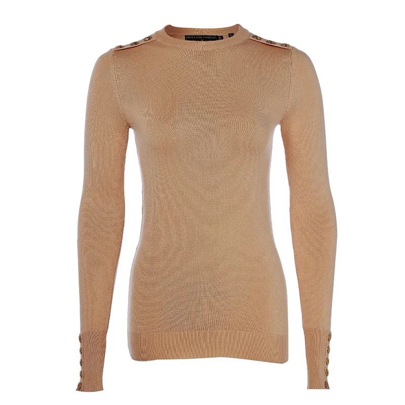 Holland Cooper Ladies Buttoned Knit Crew Neck - Dark Camel