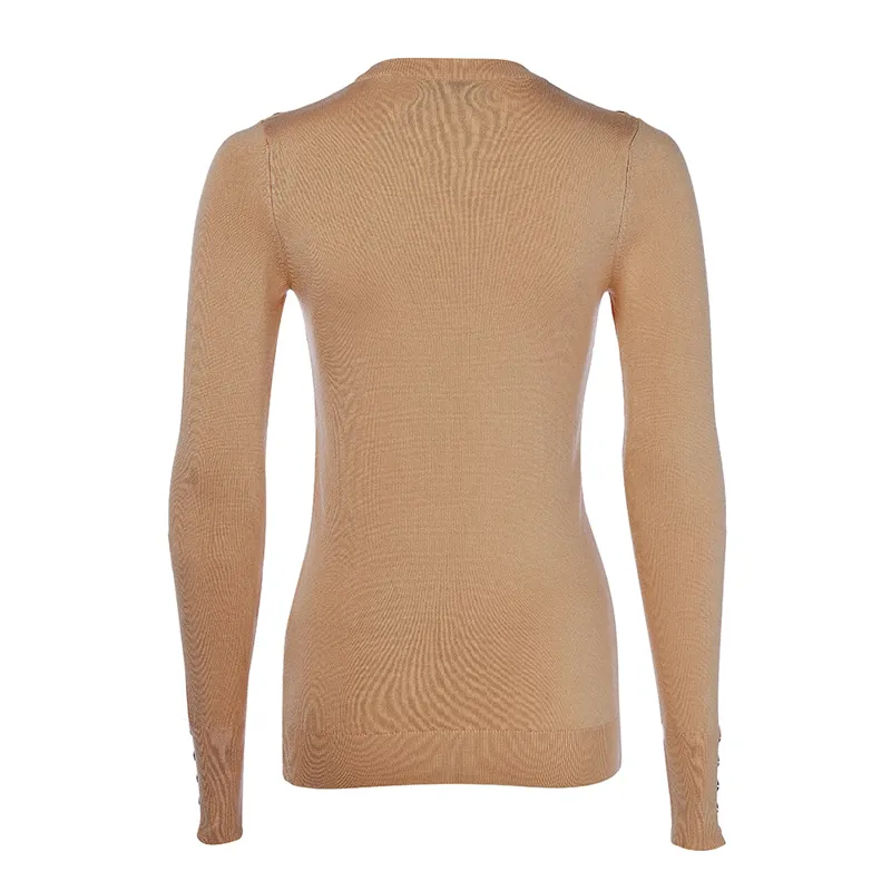 Holland Cooper Ladies Buttoned Knit Crew Neck - Dark Camel-1