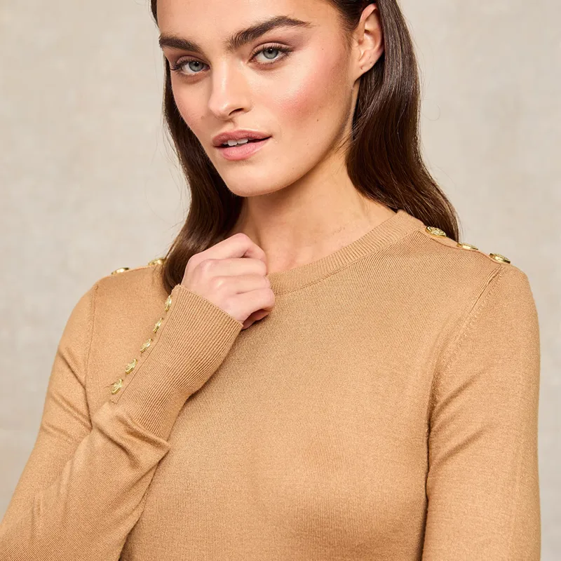 Holland Cooper Ladies Buttoned Knit Crew Neck - Dark Camel-2